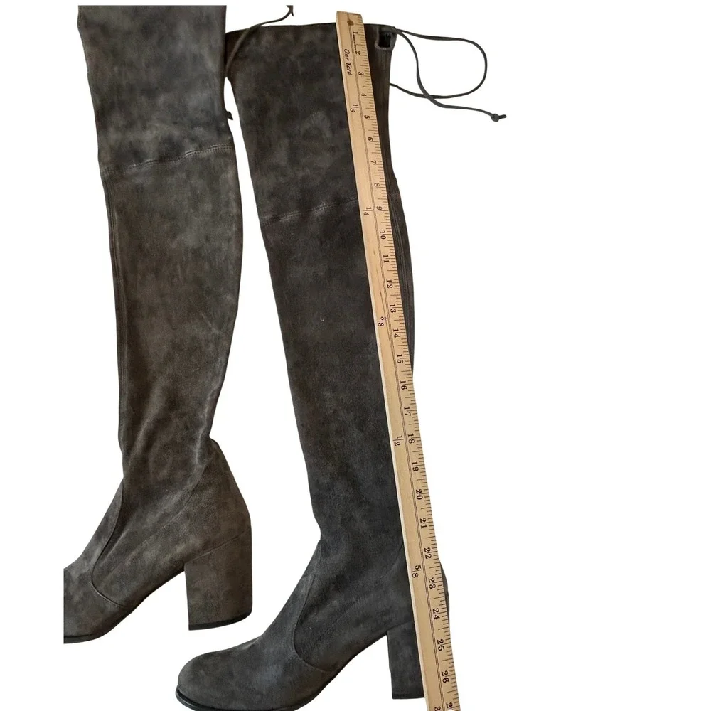 Stuart Weitzman Tieland Over The Knee Boot Grey Womens 8.5 Suede Block Heel